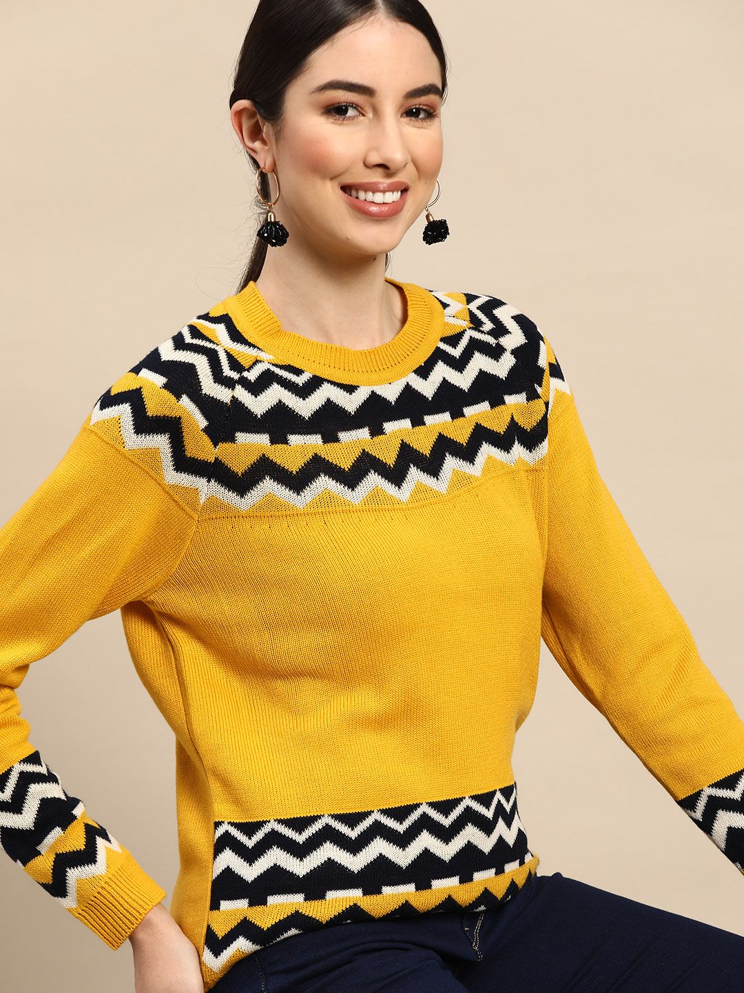 Anouk Women Mustard Yellow & Navy Blue Self-Design Pullover Price in India