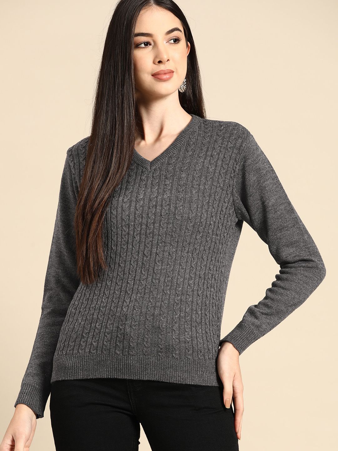 Anouk Women Charcoal Grey Cable Knit Pullover Price in India