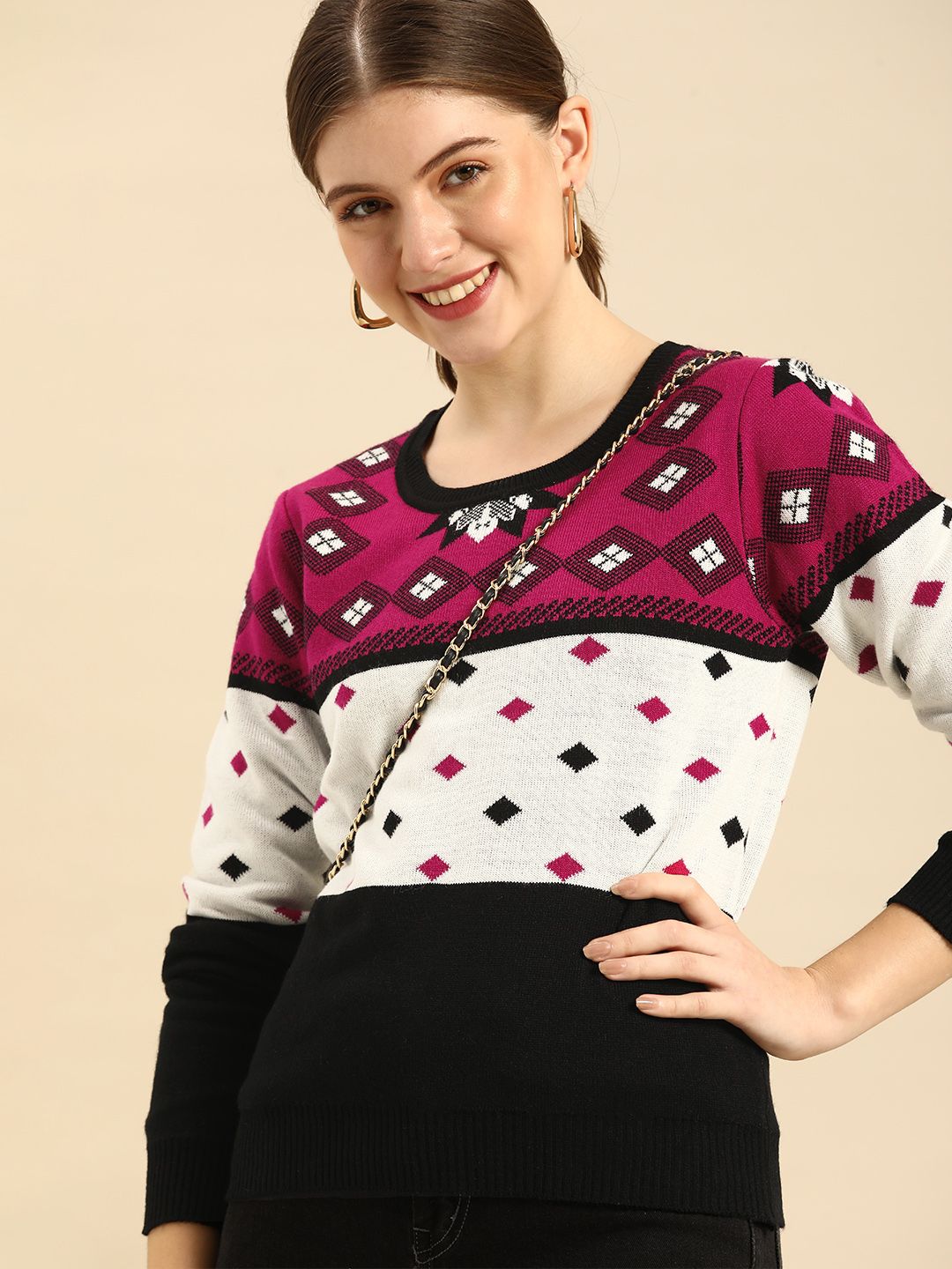 Anouk Women Black & Magenta Colourblocked Acrylic Pullover Sweater Price in India