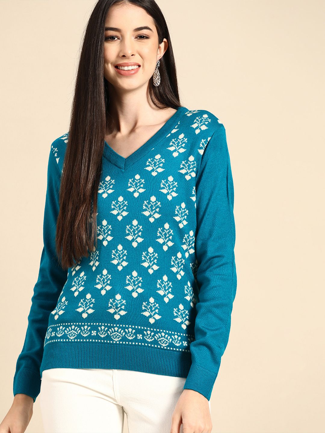 Anouk Women Turquoise Blue & White Self Design Pullover Price in India