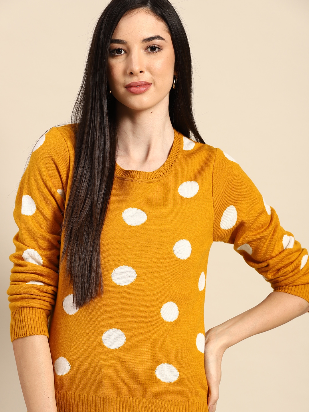 Anouk Women Mustard Yellow & White Self-Design Pullover Price in India