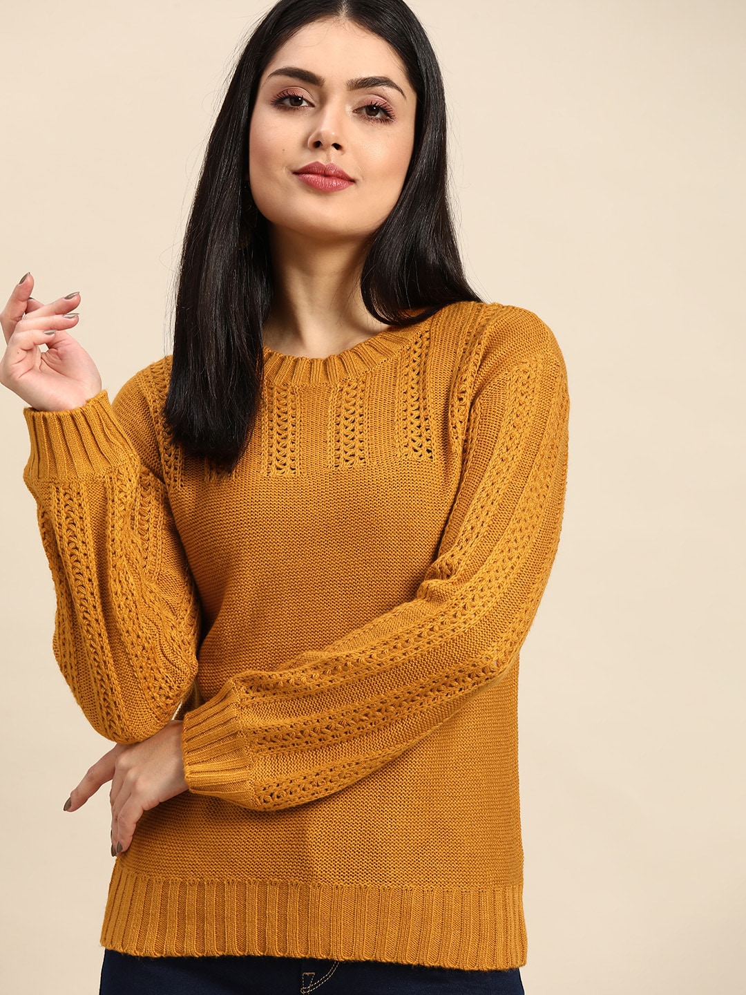 Anouk Women Mustard Yellow Cable Knit Acrylic Winter Pullover Price in India