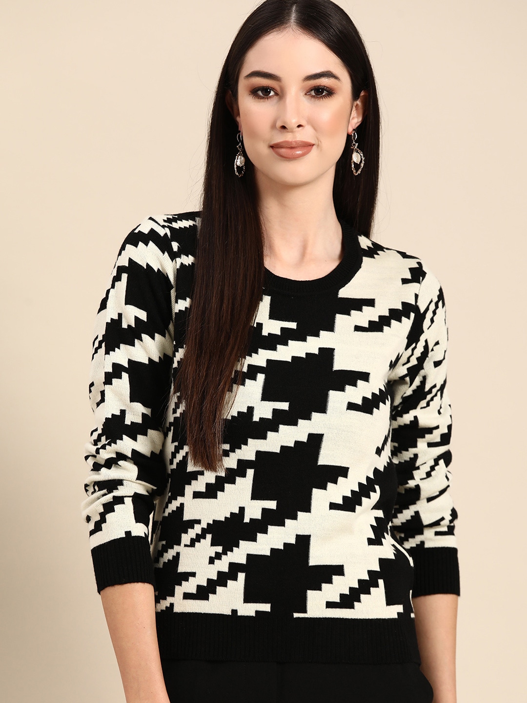 Anouk Women Black & Off-White Abstract Self-Design Winter Pullover Sweater Price in India