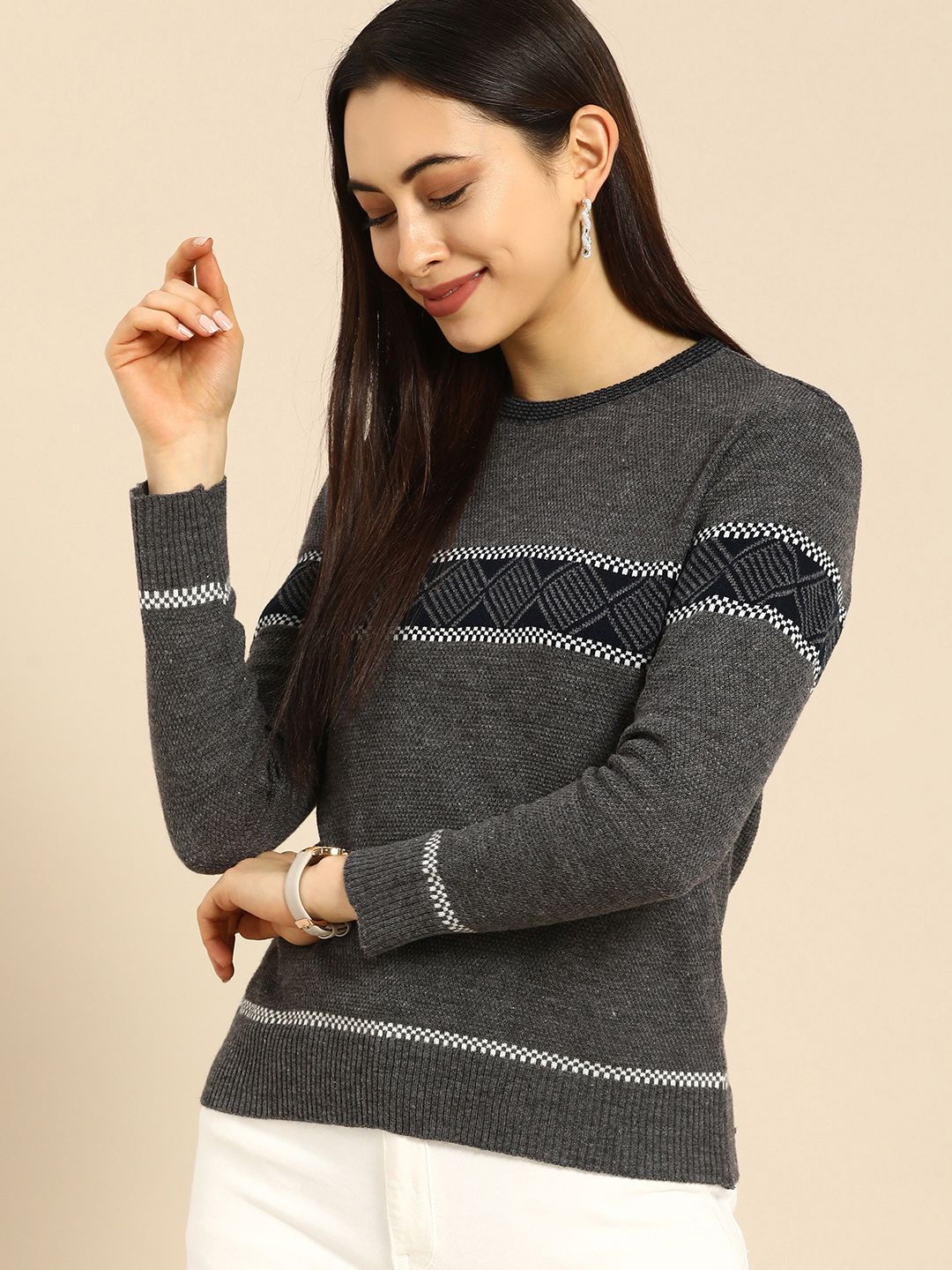 Anouk Women Grey And Black Colourblocked Long Sleeved Pullover Price in India