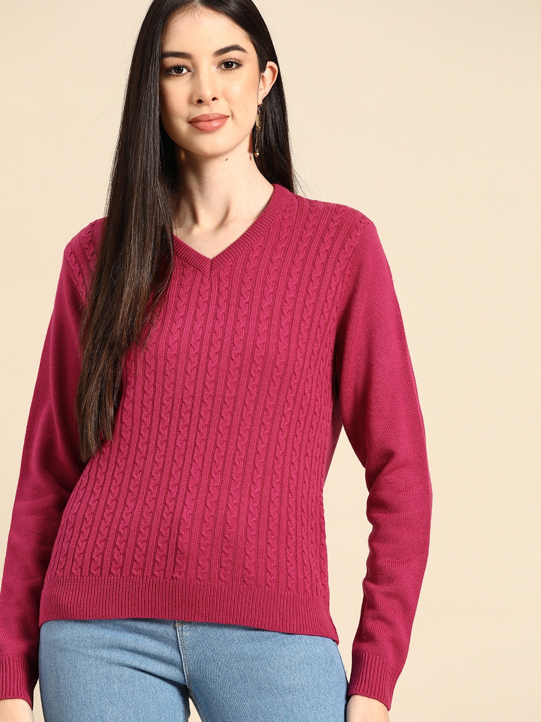 Anouk Women Pink Cable Knit Pullover Price in India