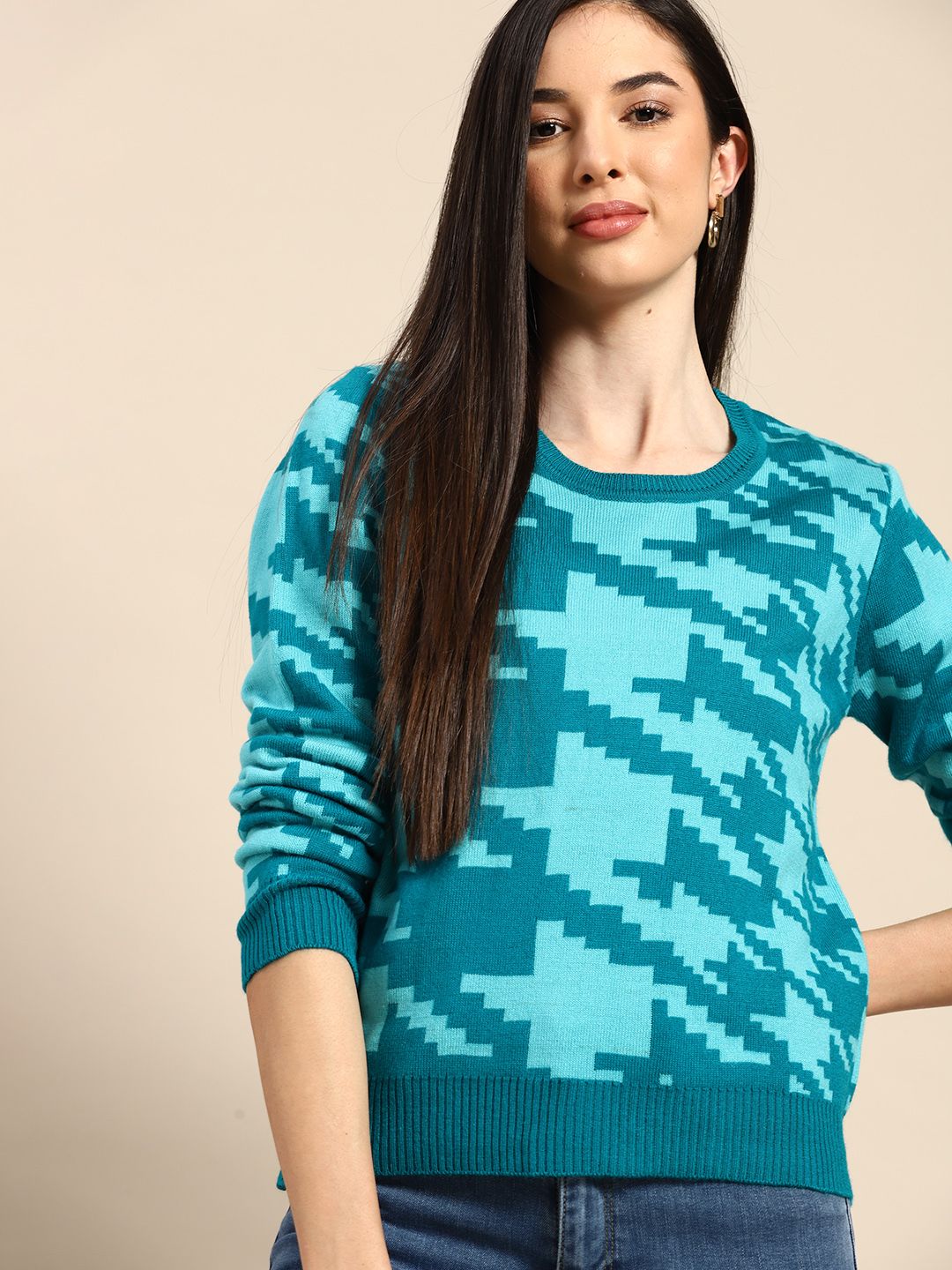 Anouk Women Teal Green & Blue Self-Design Pullover Price in India