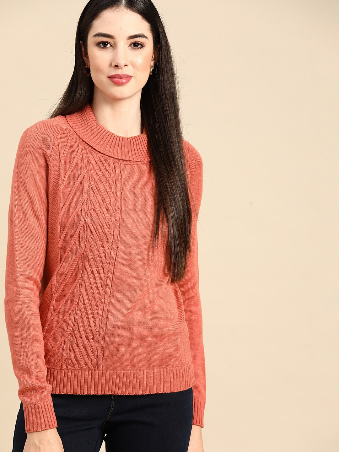 Anouk Women Coral Pink Cable Knit Winter Pullover Price in India