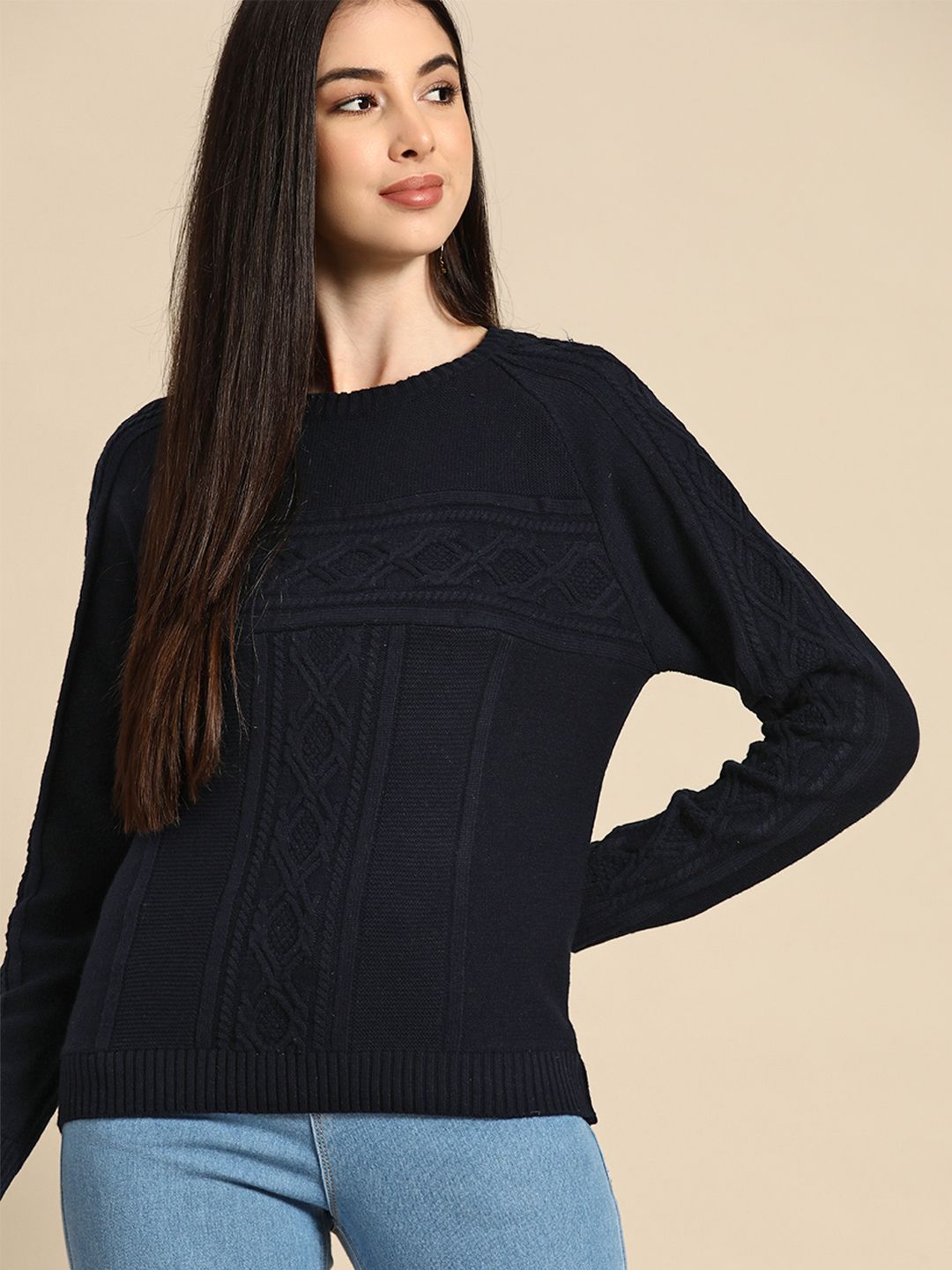 Anouk Women Navy Blue Cable Knit Pullover Price in India