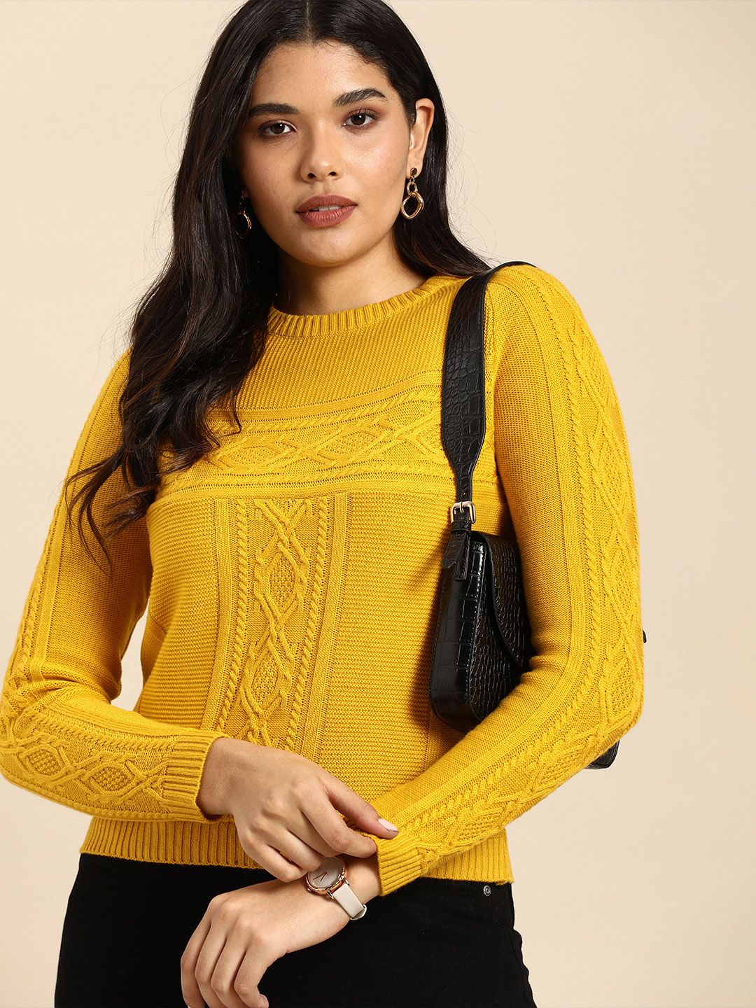 Anouk Women Mustard Yellow Self-design Cable Knit Round Neck Winter Sweater Price in India