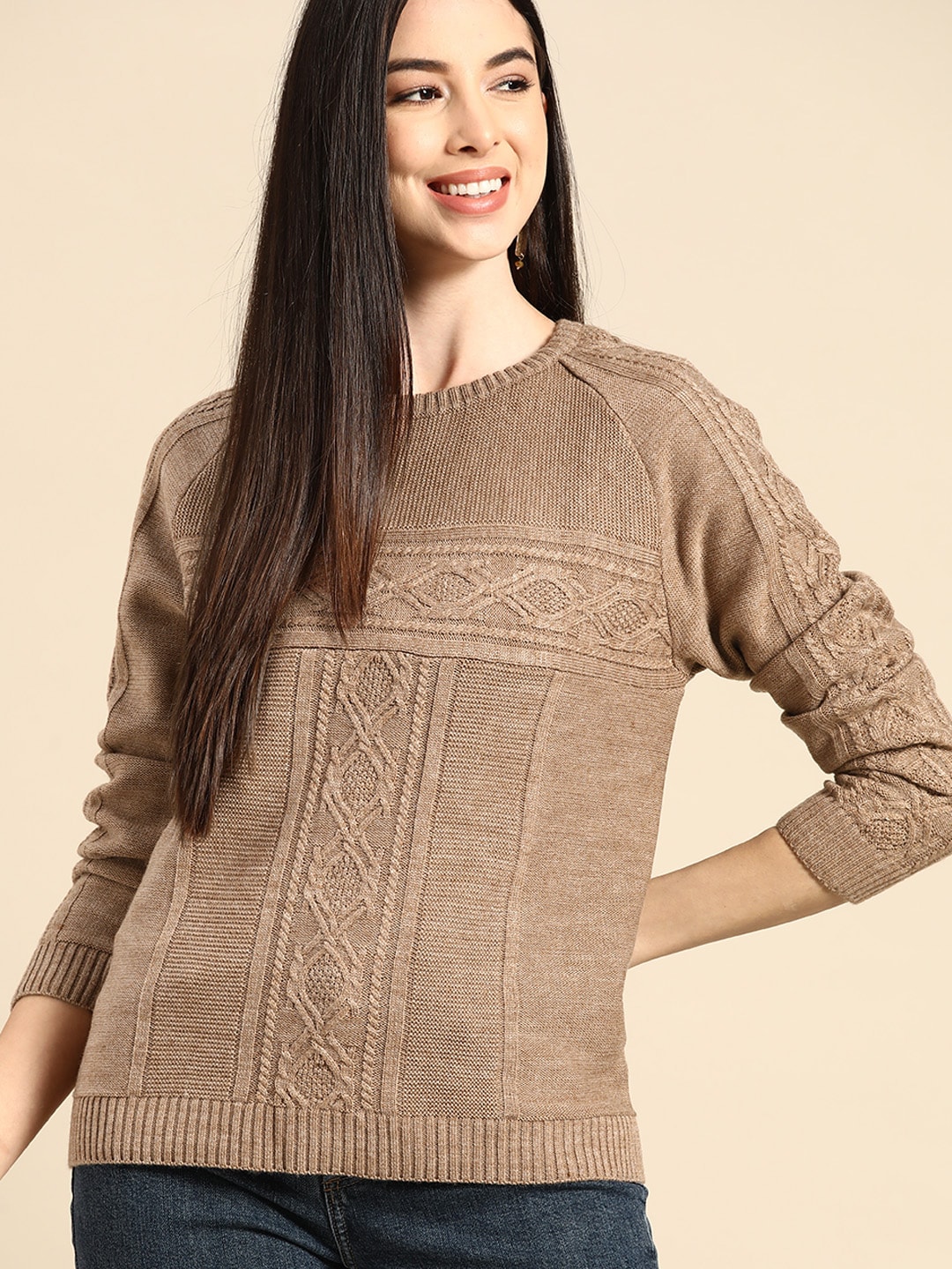 Anouk Women Beige Cable Knit Pullover Price in India