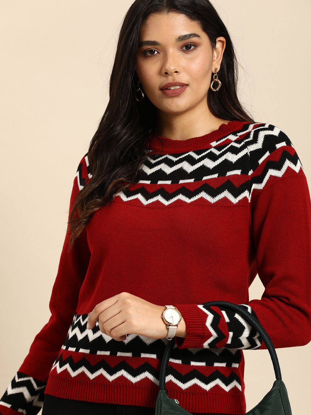 Anouk Women Red & White Printed Round Neck Winter Pullover Price in India