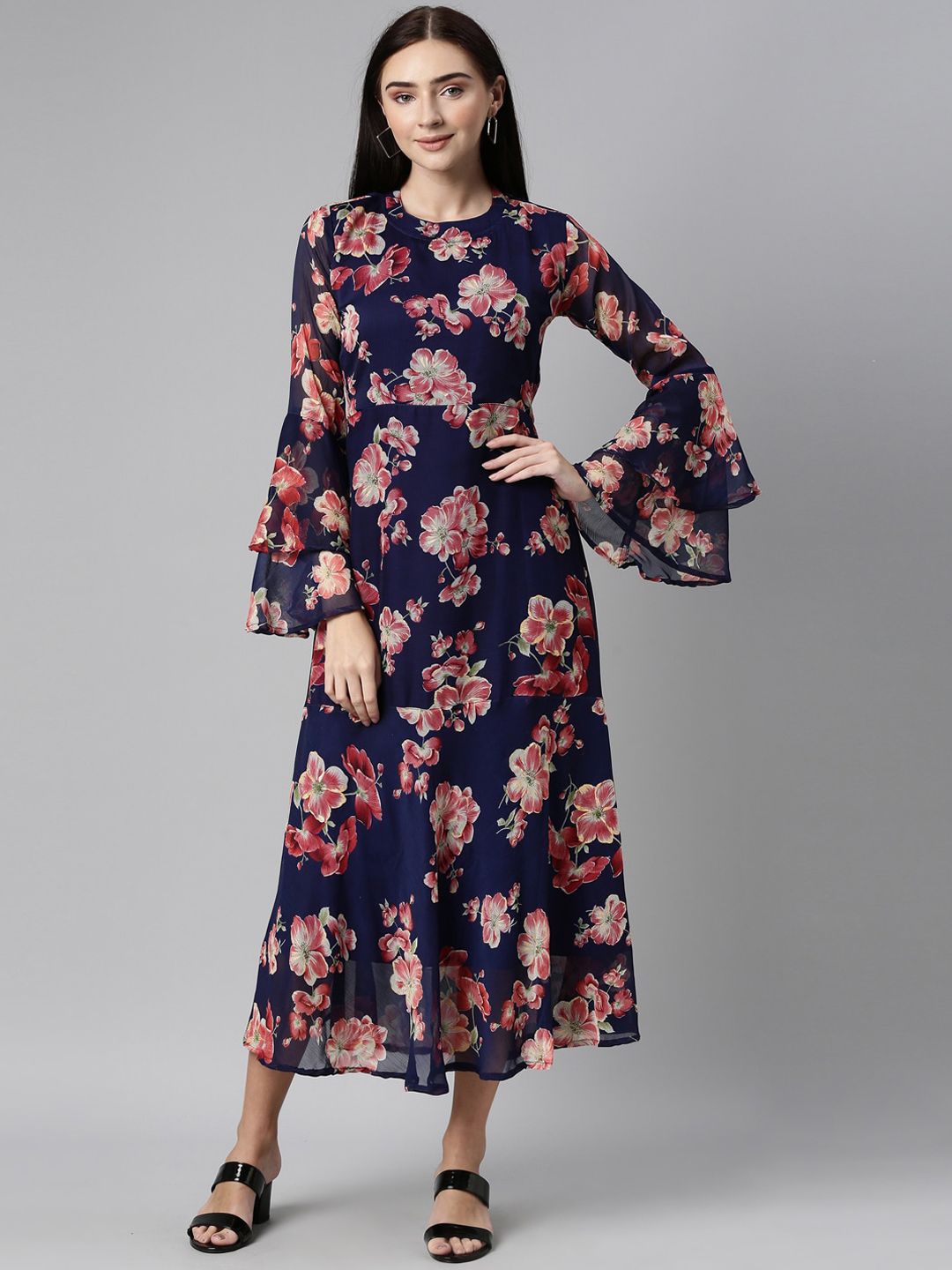 Souchii Navy Blue Floral Chiffon Midi Dress Price in India