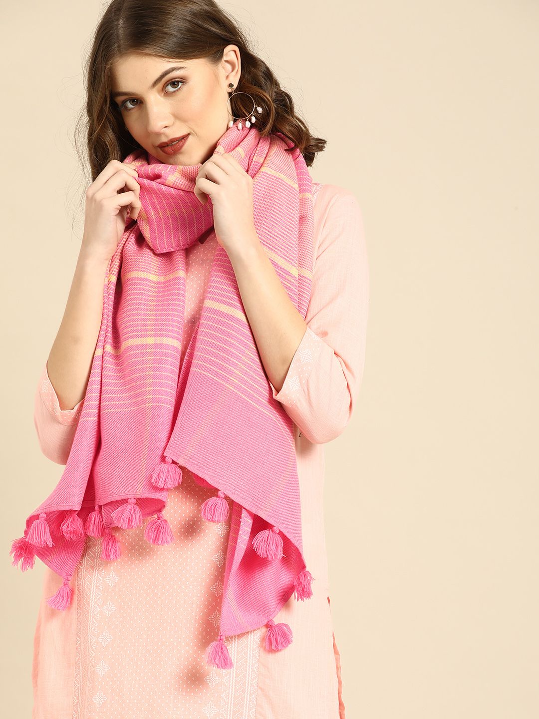 Anouk Women Pink Striped Scarf Price in India