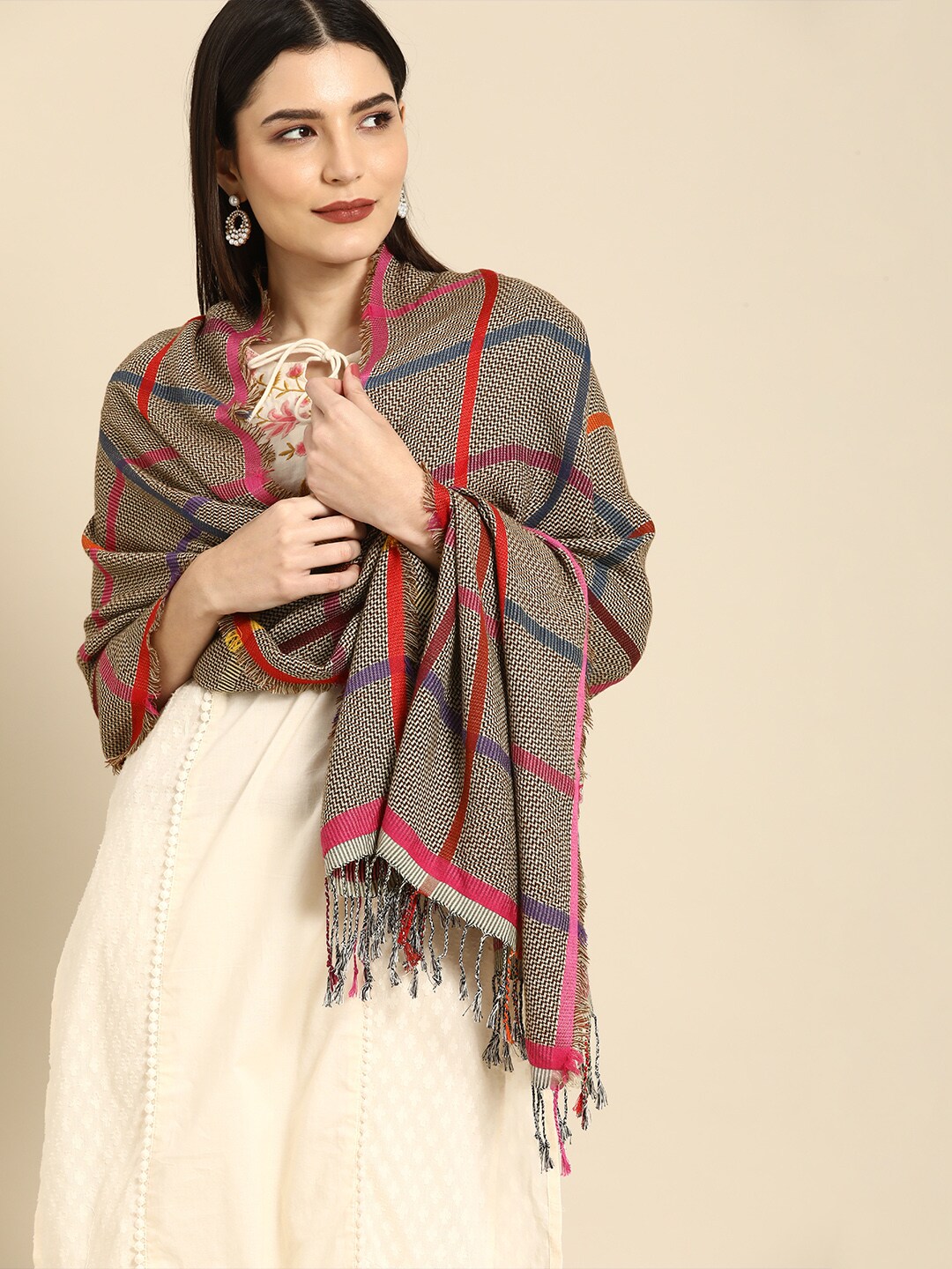 Anouk Women Brown & Beige Checked Scarf Price in India