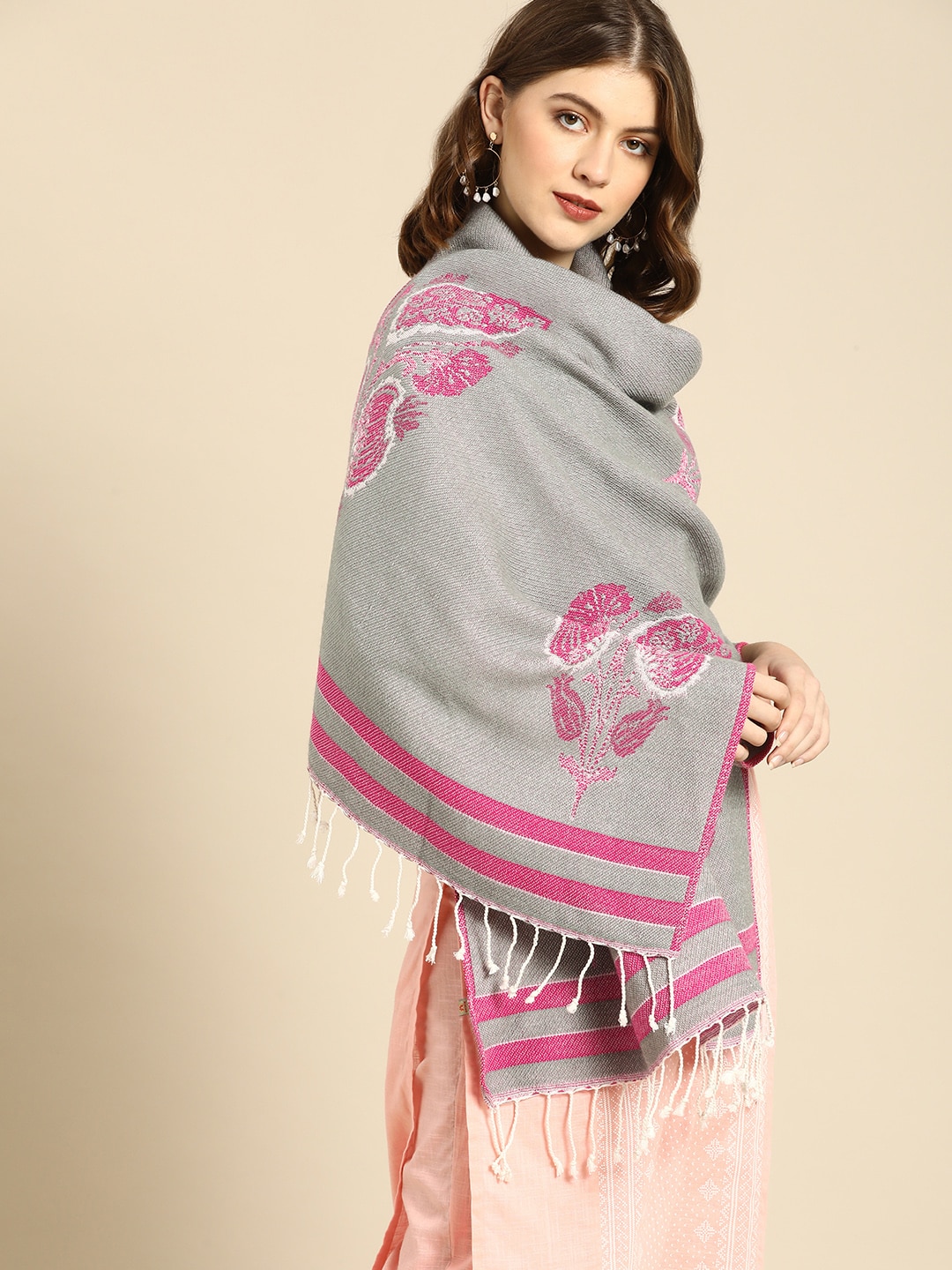 Anouk Women Grey & Pink Self-Design Scarf Price in India