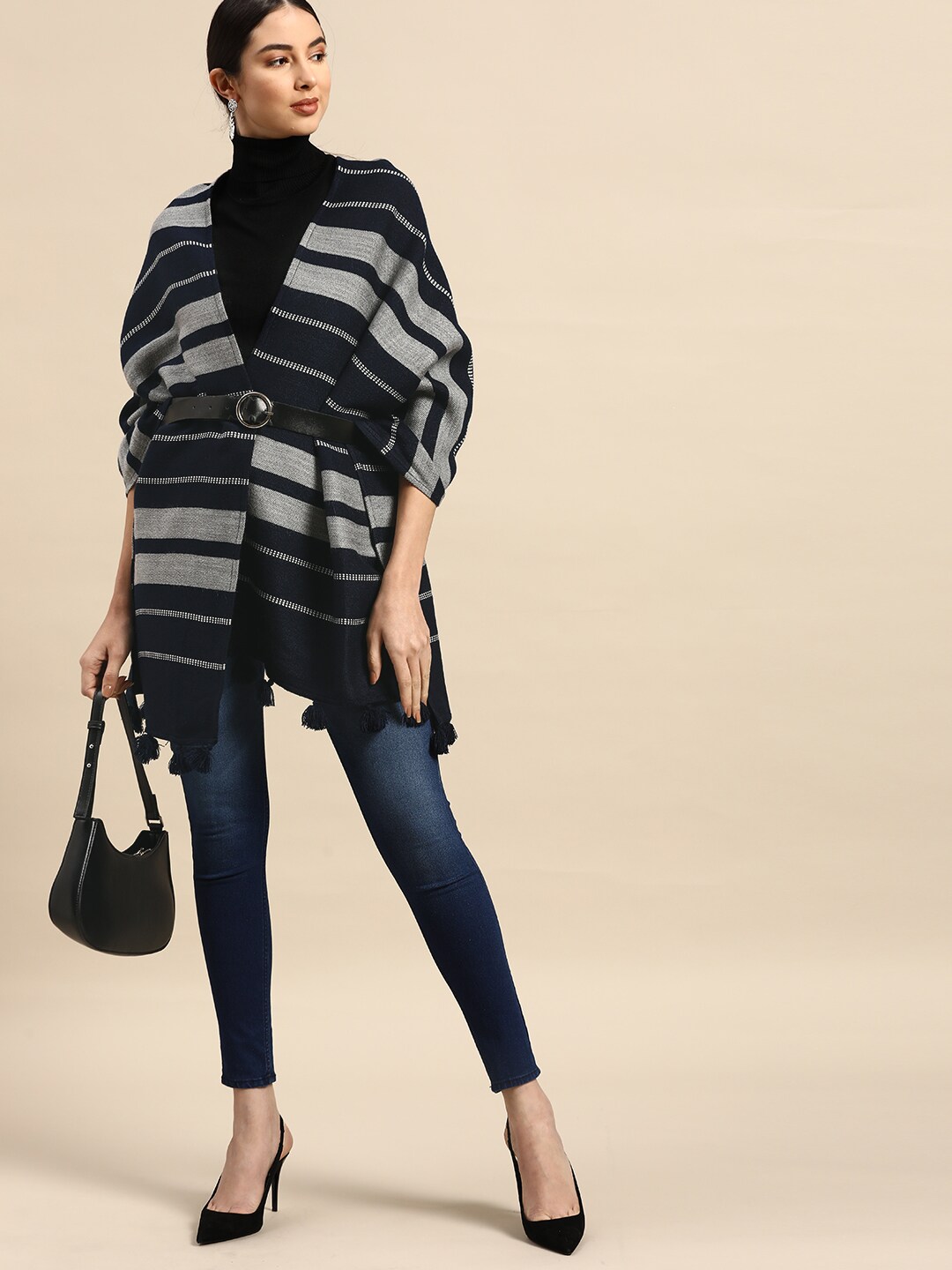 Anouk Women Navy Blue & Grey Striped Stole Price in India