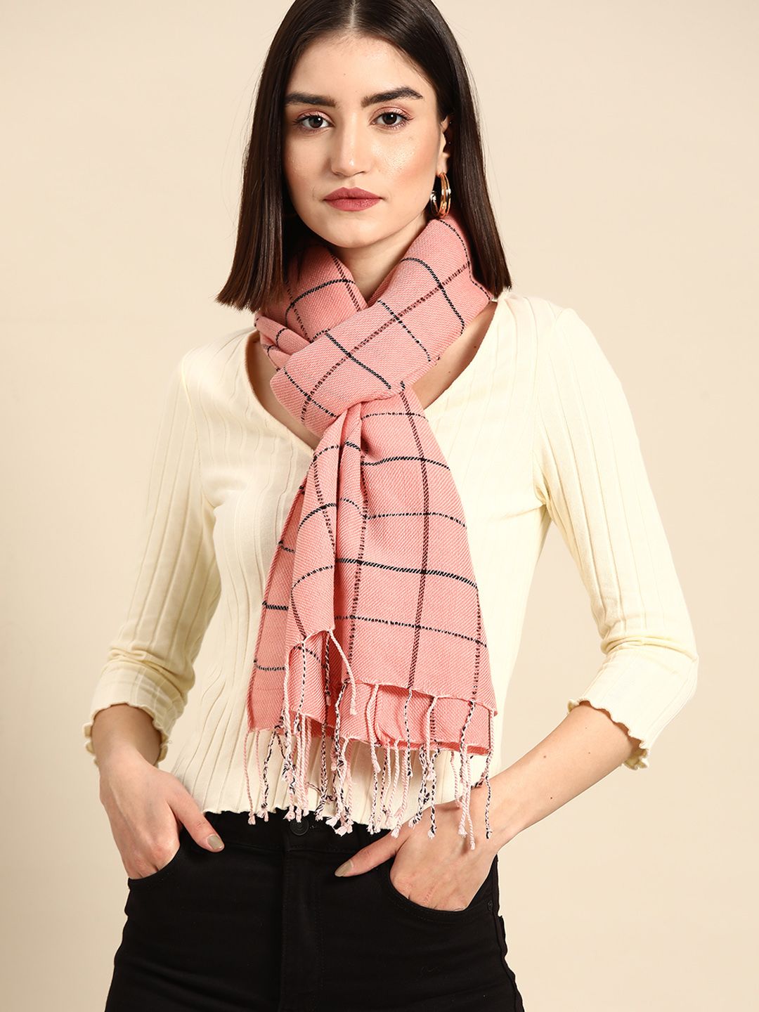 Anouk Women Pink & Black Checked Scarf Price in India