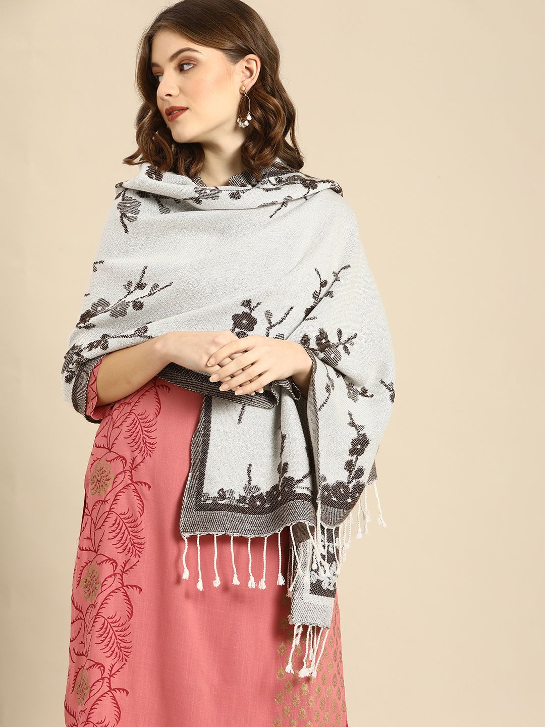 Anouk Women Off-White & Brown Self-Design Scarf Price in India