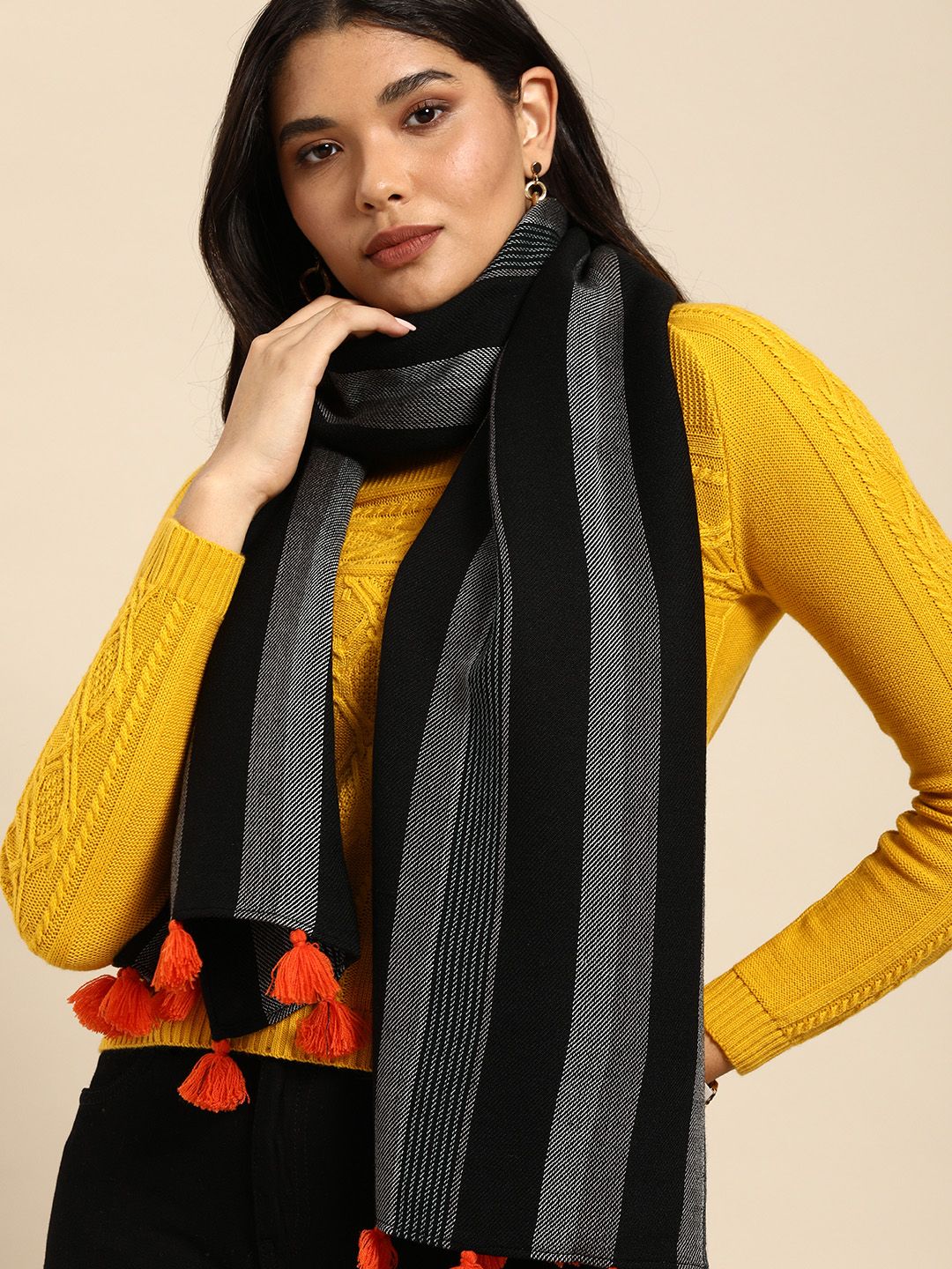 Anouk Women Grey & Black Striped Scarf With Tassel Price in India