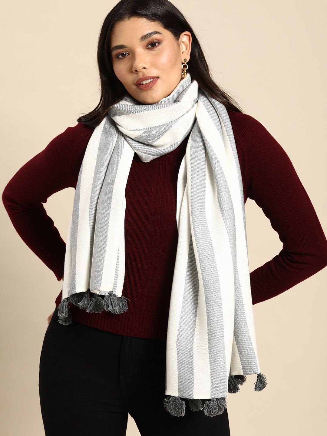 Anouk Women White & Grey Striped Scarf With Tassels Price in India