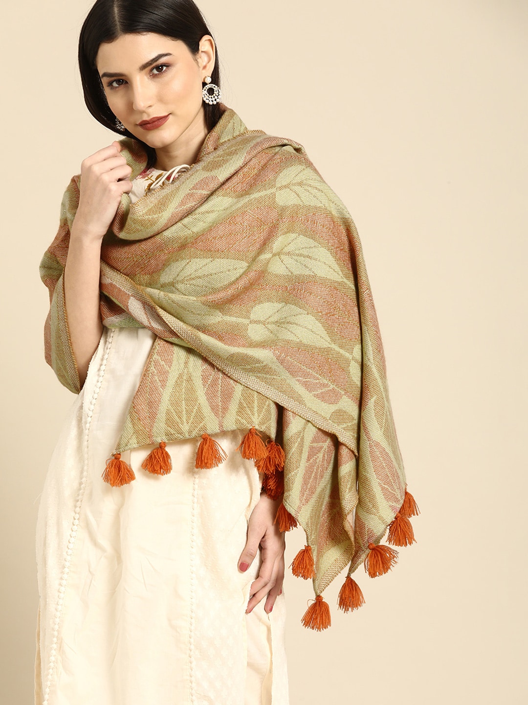 Anouk Women Green & Pink Woven Design Scarf Price in India