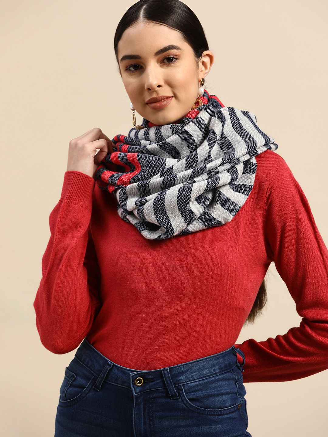 Anouk Women Navy Blue & Grey Striped Stoles Price in India