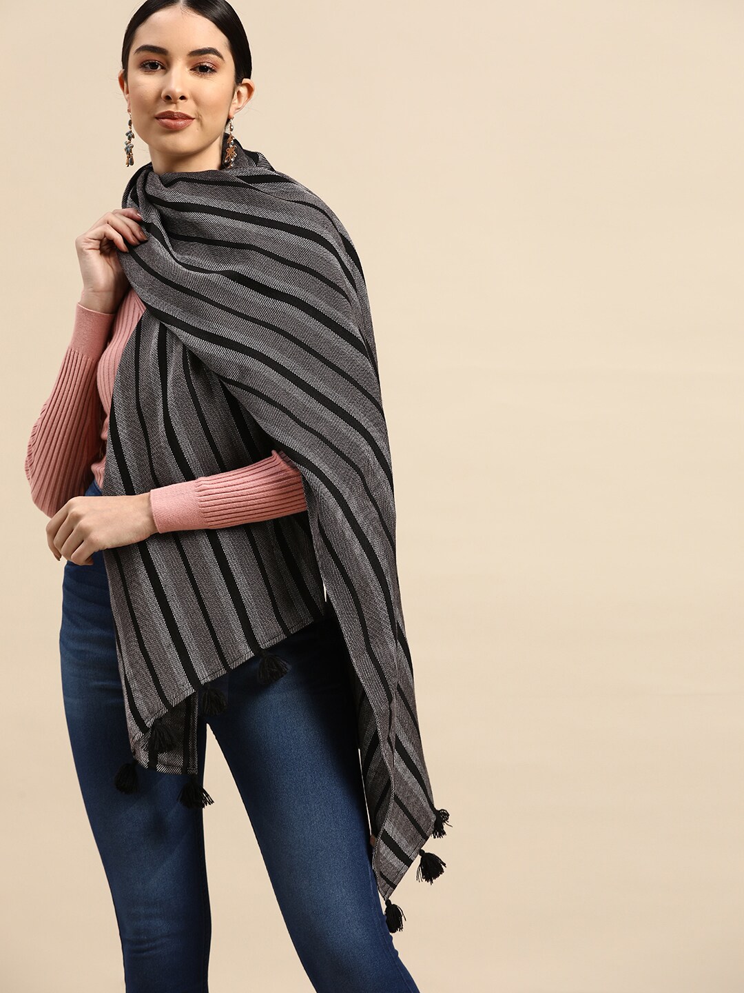 Anouk Women Black & Grey Striped Stole Price in India