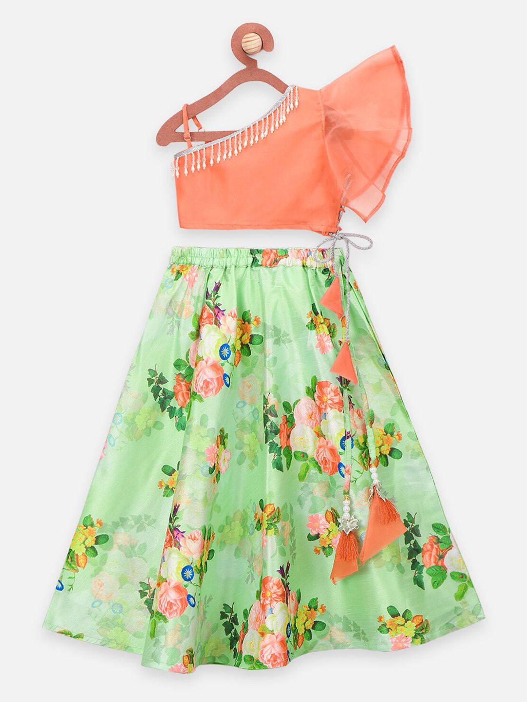 LilPicks Girls Peach-Coloured & Green Ready to Wear Lehenga & Blouse With Dupatta