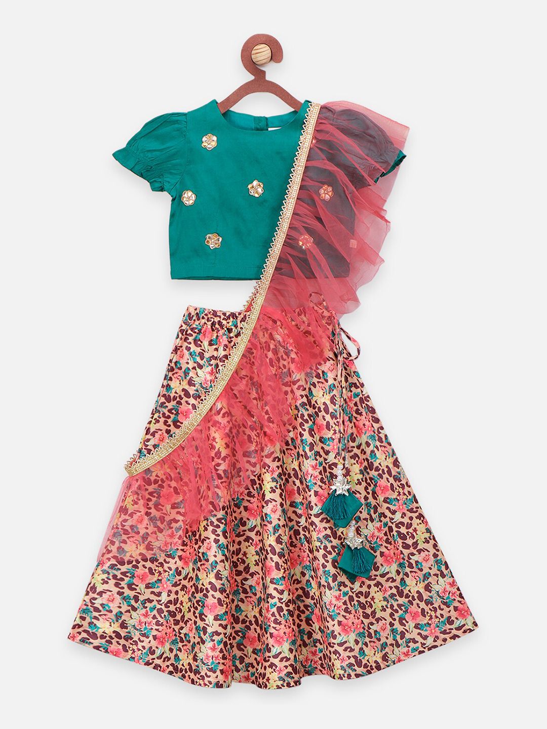 LilPicks Girls Sea Green & Multicoloured Embellished Block Print Ready to Wear Lehenga & Blouse With Dupatta Price in India