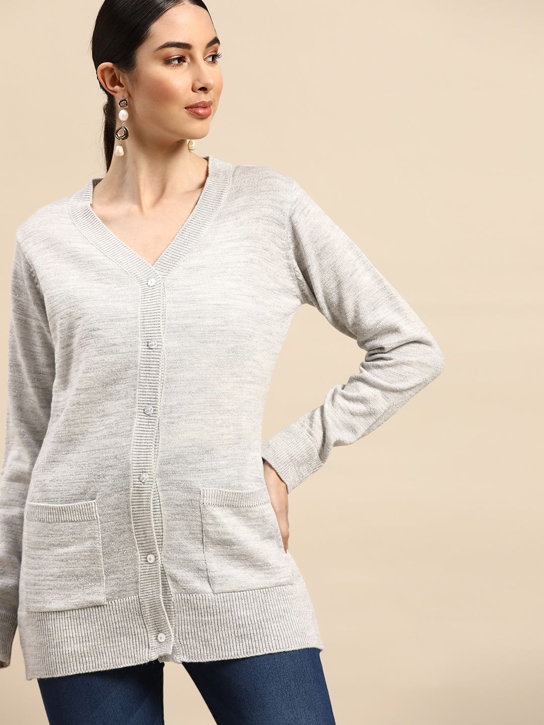 Anouk Women Grey Melange Cardigan With Shimmer Detail Price in India