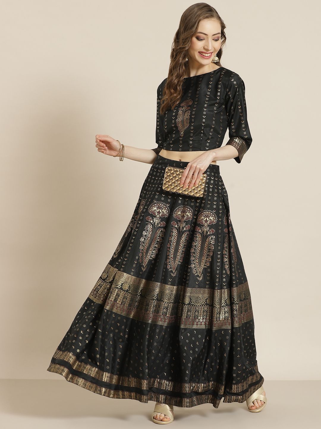Juniper Black & Golden Foil Print Ready to Wear Lehenga Choli Price in India
