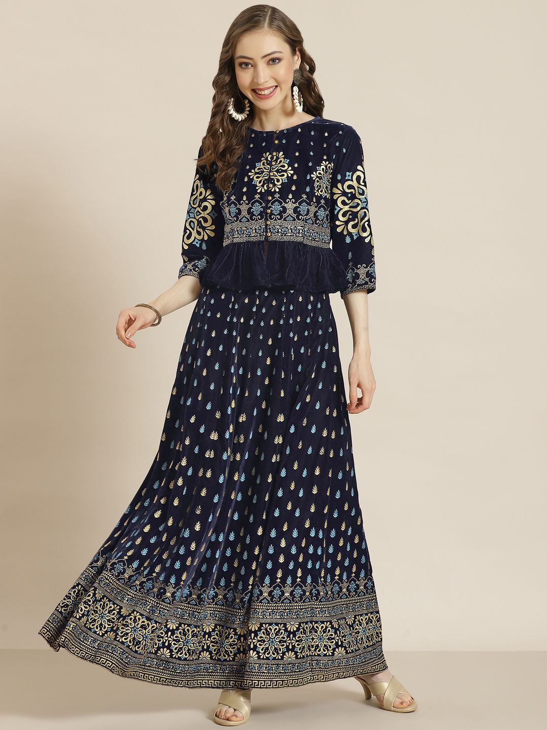 Juniper Navy Blue & Golden Foil Printed Ready to Wear Lehenga & Blouse Price in India