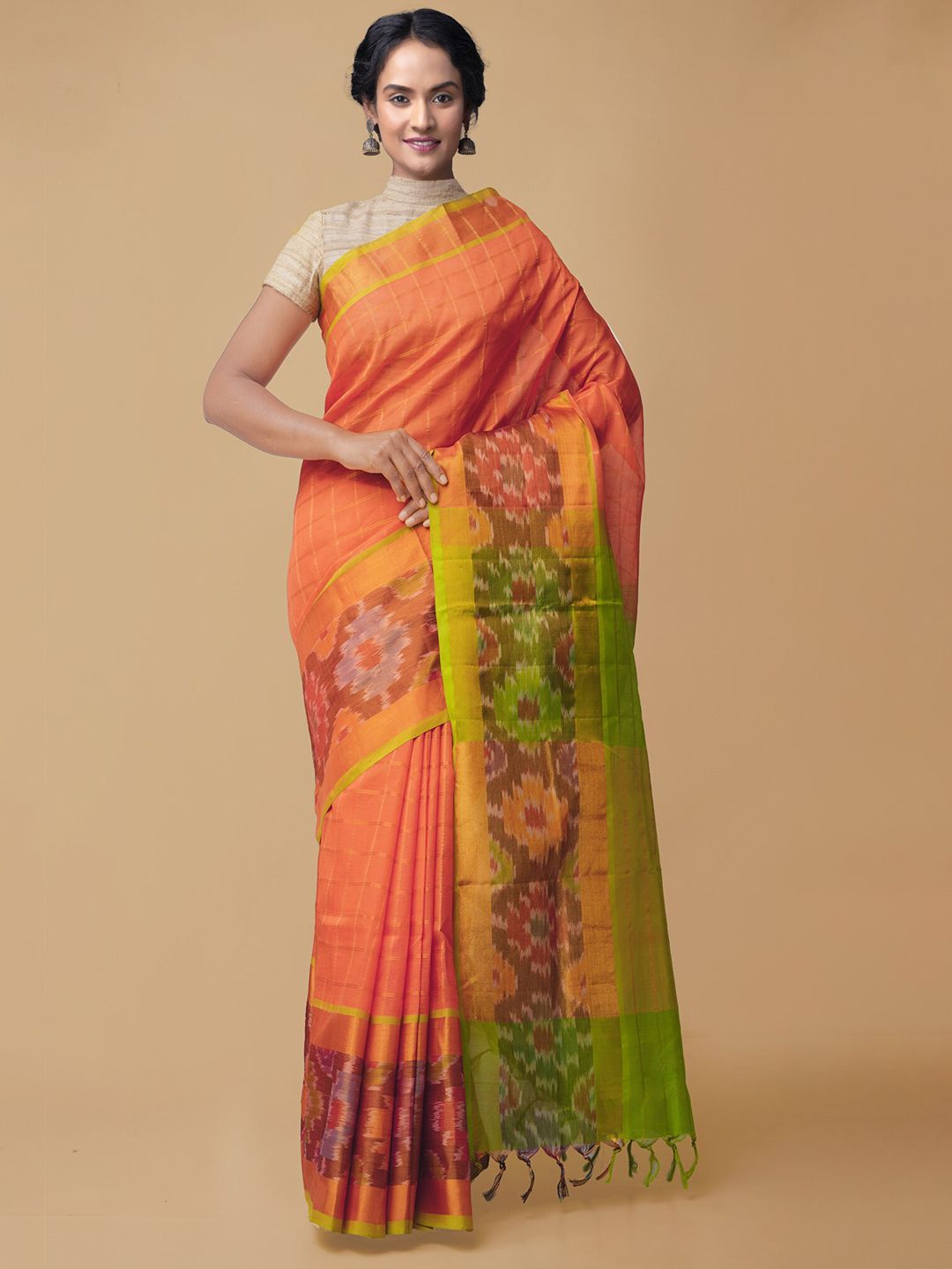 Unnati Silks Orange & Green Checked Zari Sustainable Pochampally Saree