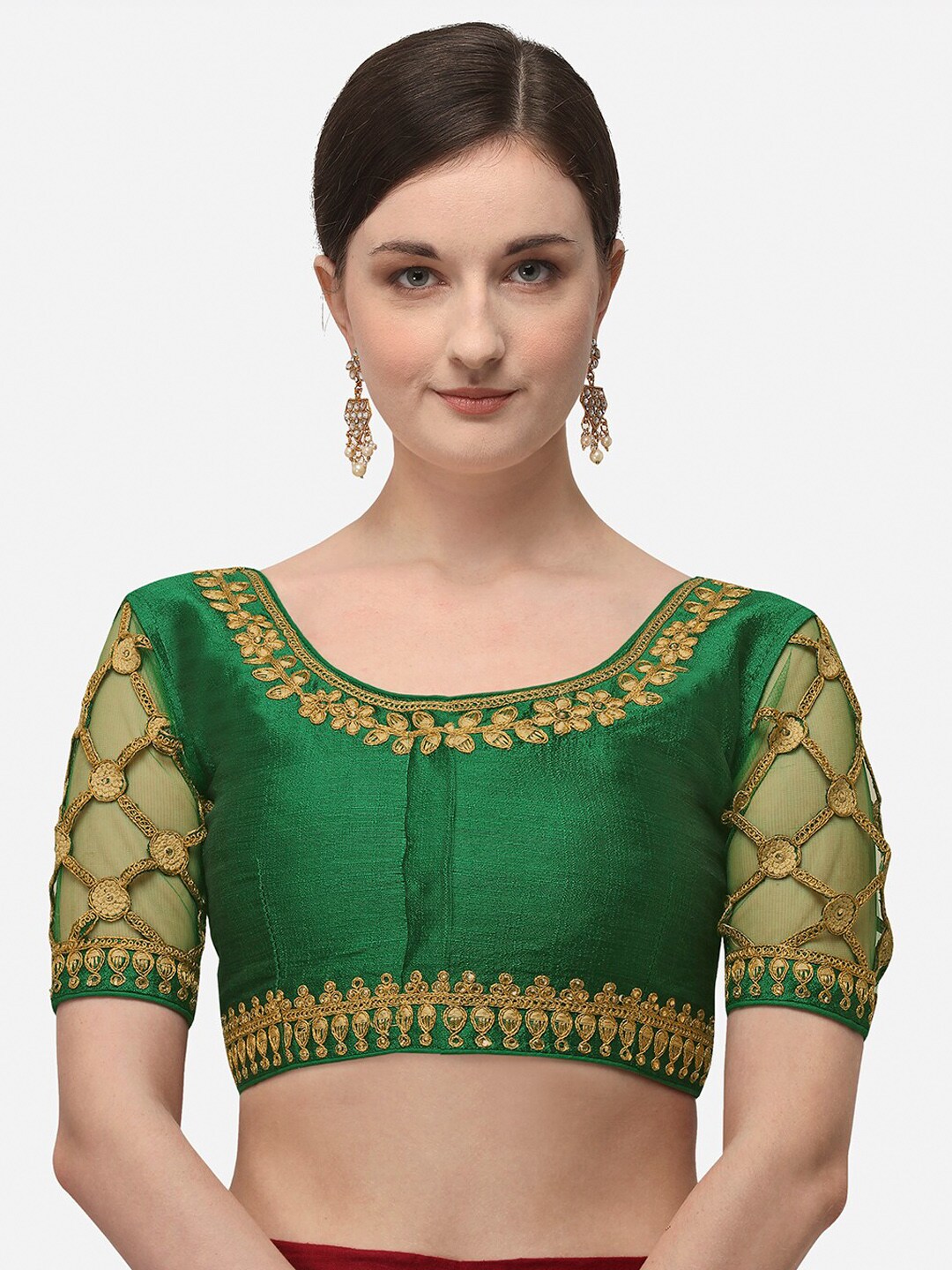 Amrutam Fab Women Green & Gold-Coloured Embroidered Saree Blouse Price in India