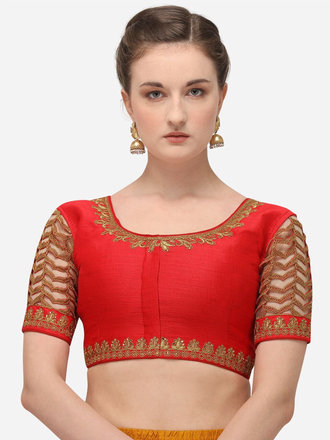 Amrutam Fab Women Red & Gold-Coloured Embroidered Raw Silk Saree Blouse Price in India