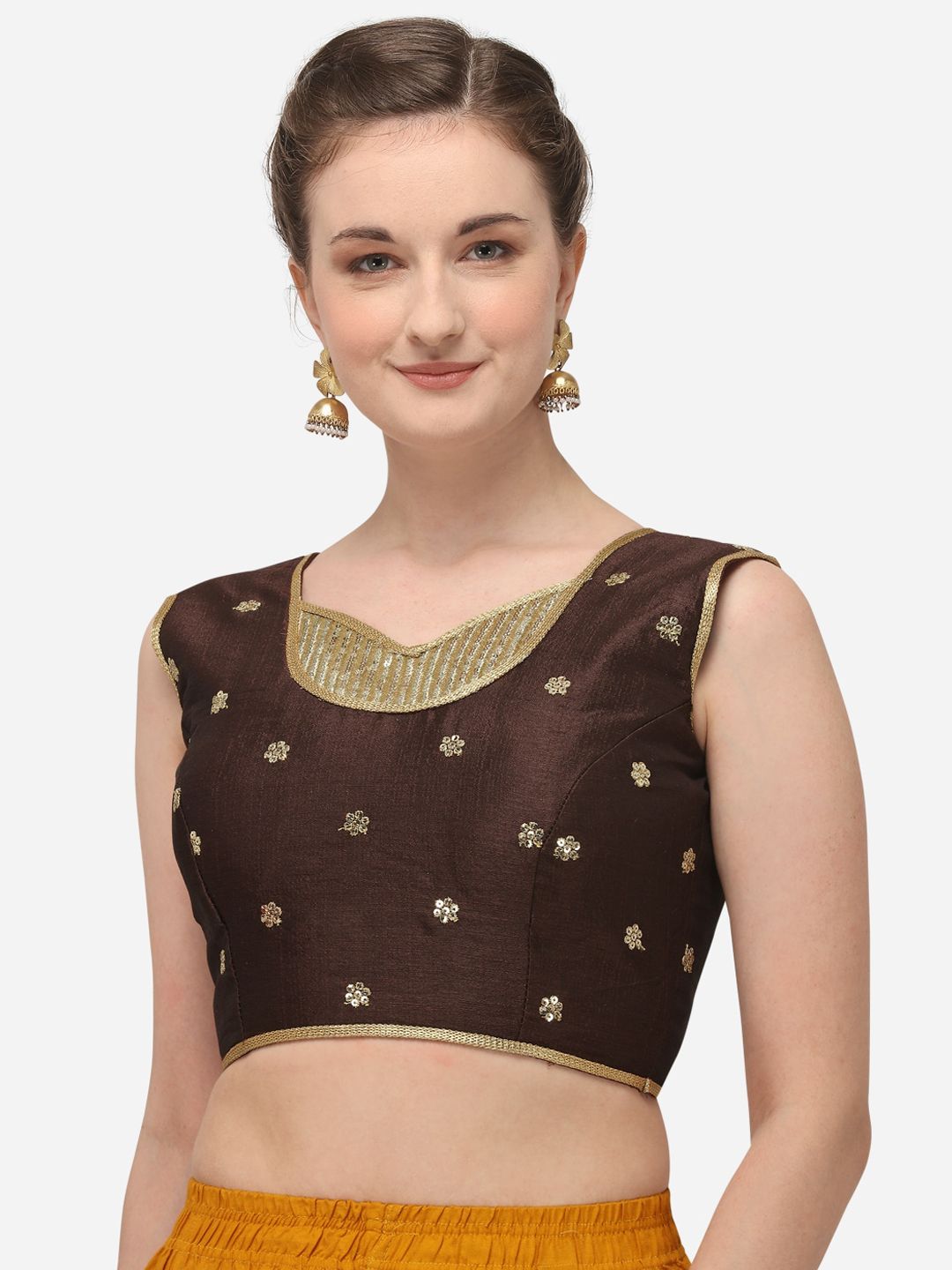 Amrutam Fab Women Brown & Gold-Coloured Sequinned Embroidered Raw Silk Saree Blouse Price in India