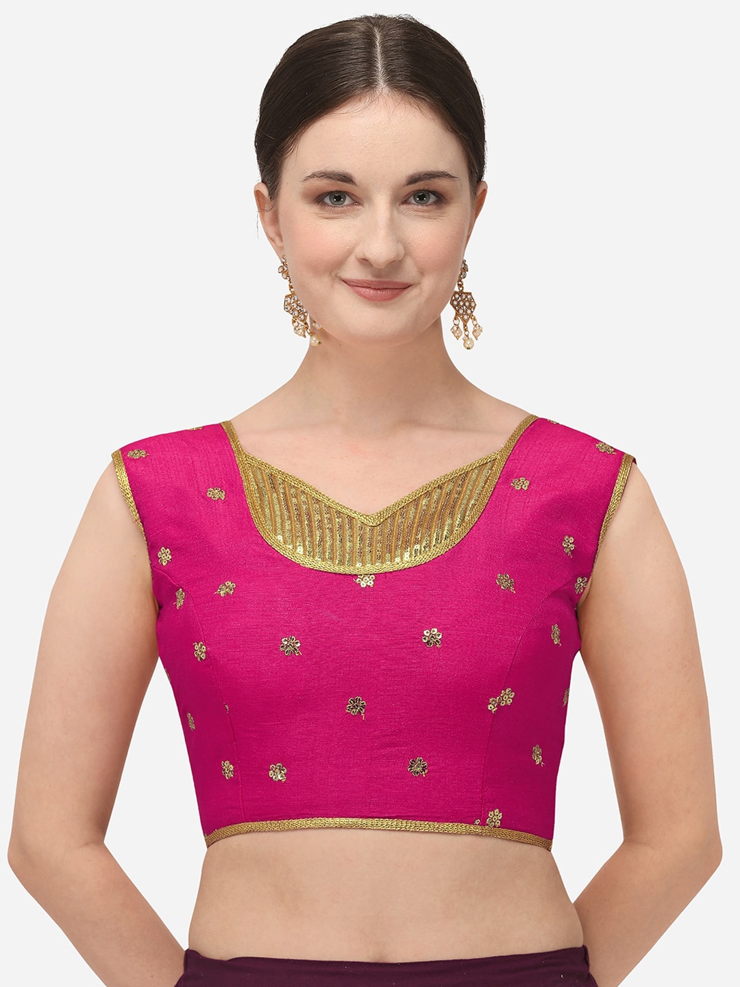 Amrutam Fab Women Pink & Gold-Coloured Embroidered Raw Silk Saree Blouse Price in India