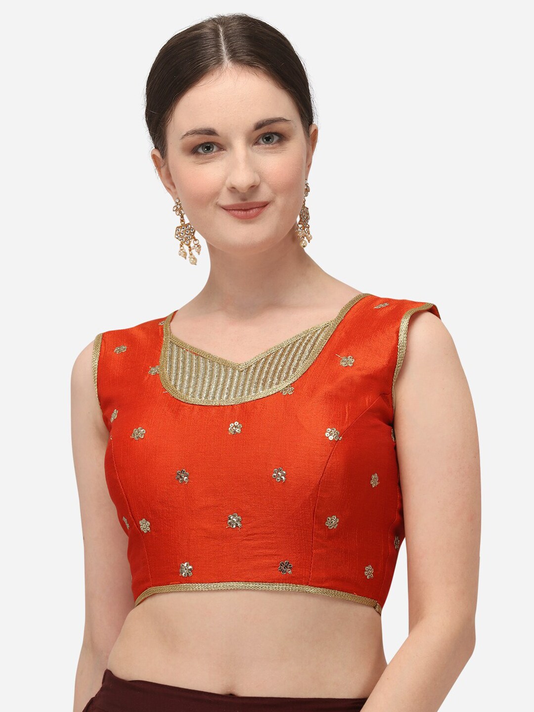 Amrutam Fab Women Orange & Gold-Coloured Sequinned Embroidered Raw Silk Saree Blouse Price in India