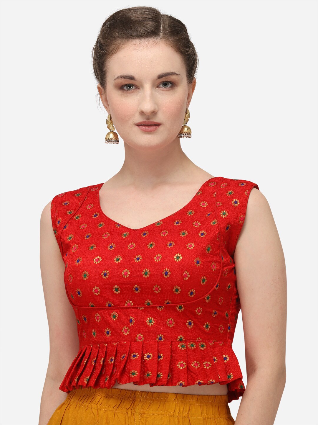Amrutam Fab Women Red & Gold-Coloured Woven Design Jacquard Saree Blouse Price in India