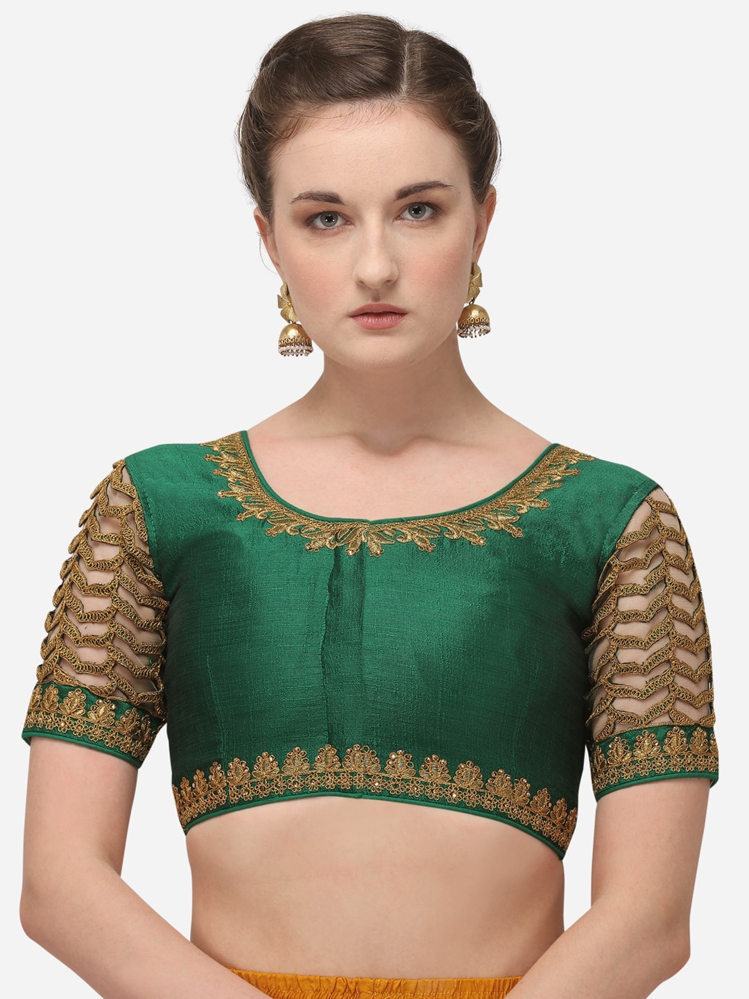 Amrutam Fab Women Green & Gold-Coloured Embroidered Phantom Silk Saree Blouse Price in India