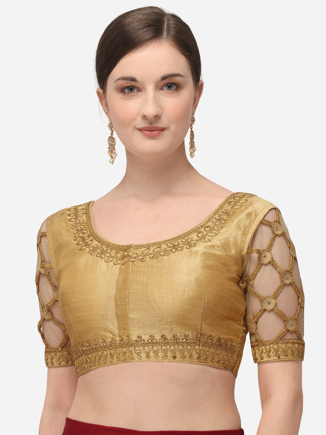 Amrutam Fab Women Beige & Gold-Coloured Embroidered Phantom Silk Saree Blouse Price in India