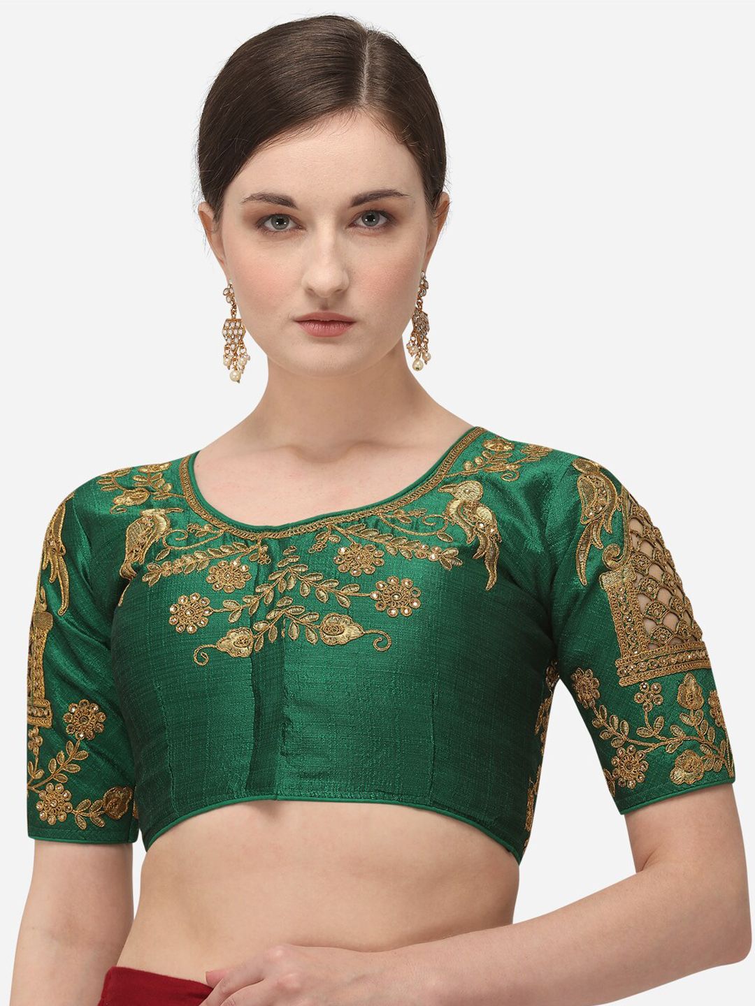 Amrutam Fab Women Green & Gold-Coloured Embroidered Raw Silk Saree Blouse Price in India