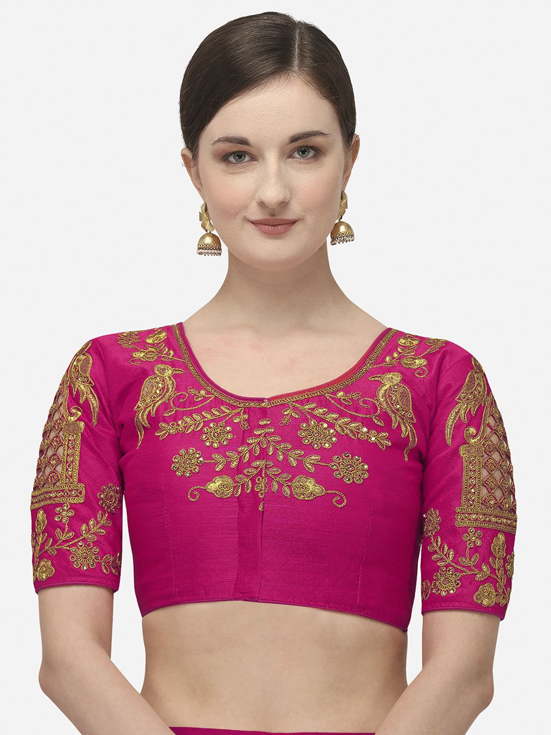 Amrutam Fab Women Magenta Pink & Gold-Coloured Embroidered Phantom Silk Saree Blouse Price in India
