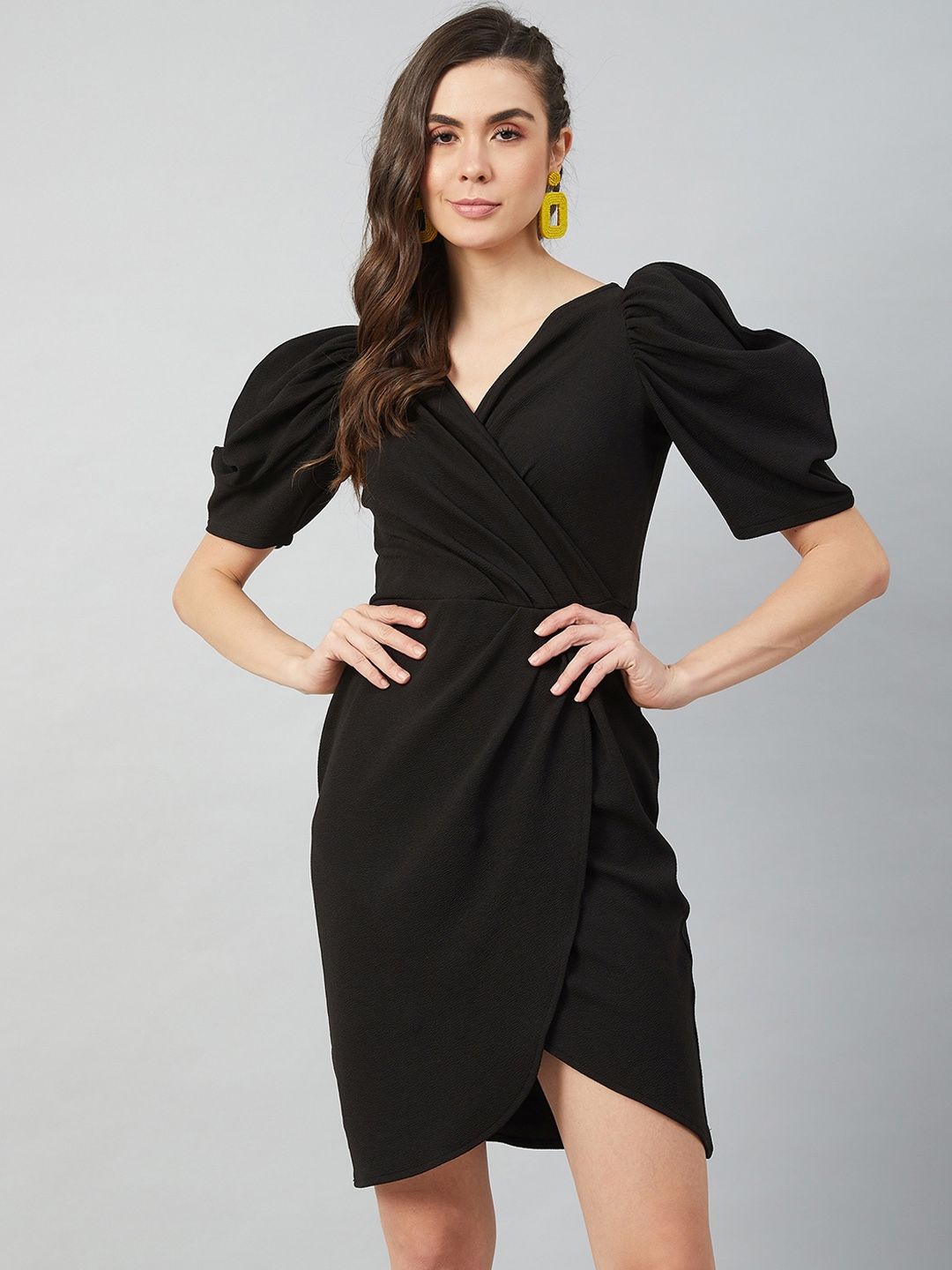 Athena Black Tulip Wrap Dress With Volume Sleeves Price in India