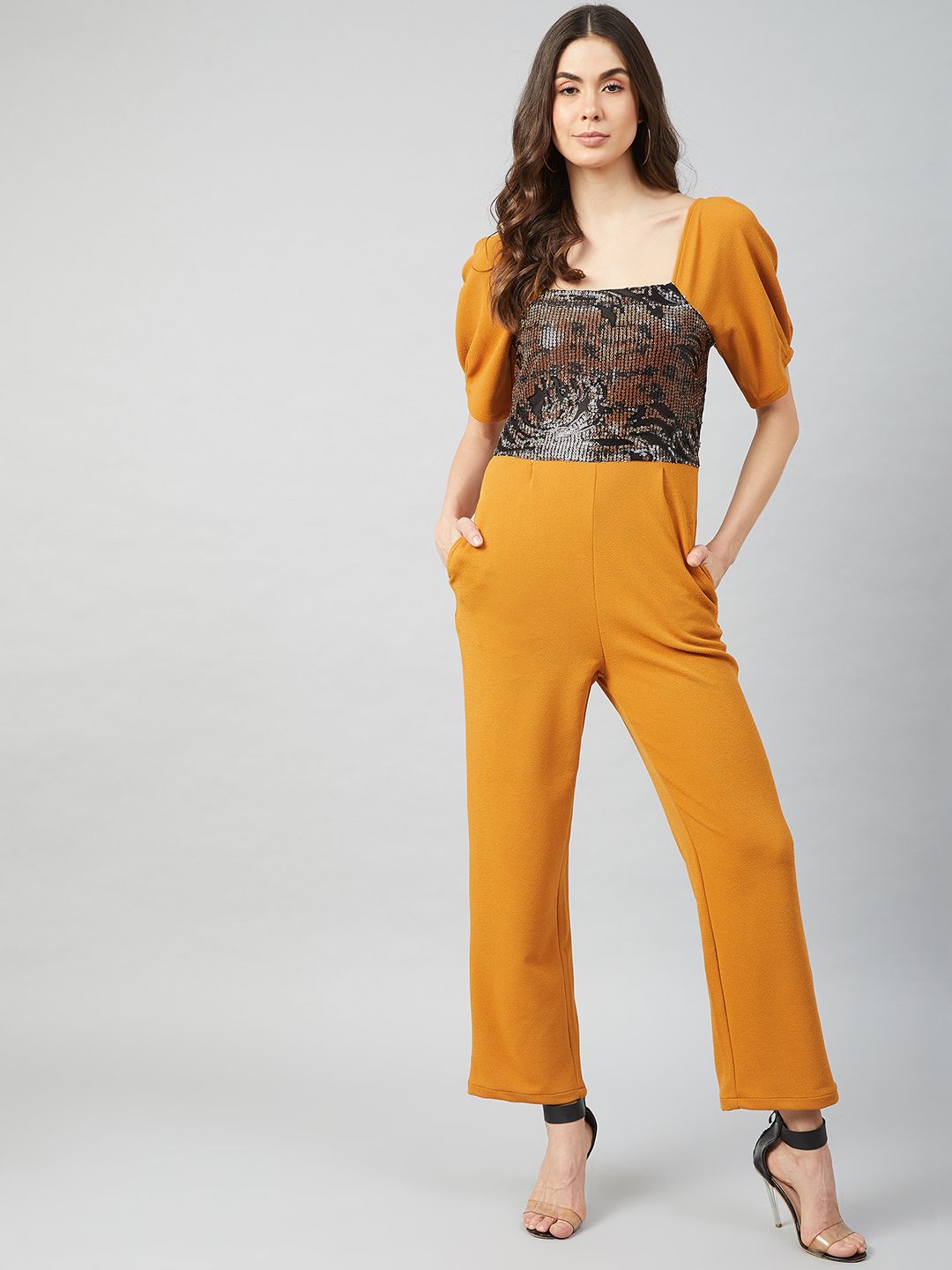 Athena Mustard & Brown Basic Jumpsuit with Embellished Price in India