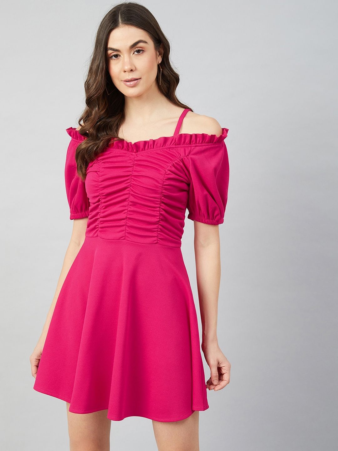 Athena Fuchsia Ruched Fit and Flare Dress Price in India