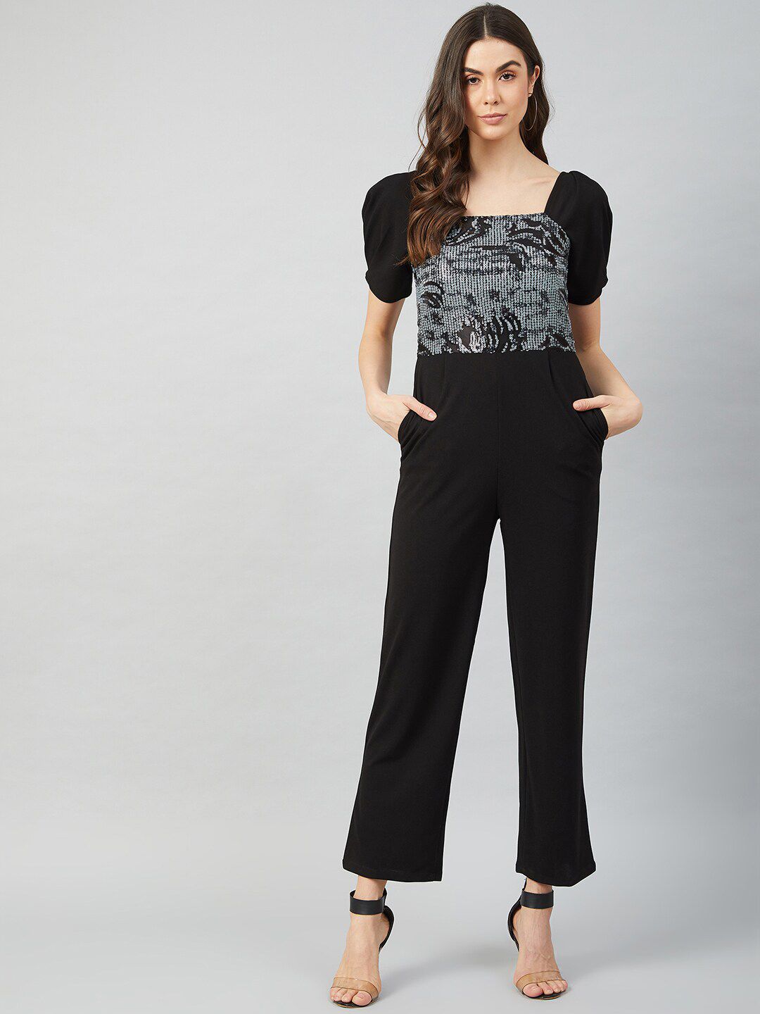 Athena Black & Silver-Toned Printed Basic Jumpsuit with Embellished Price in India