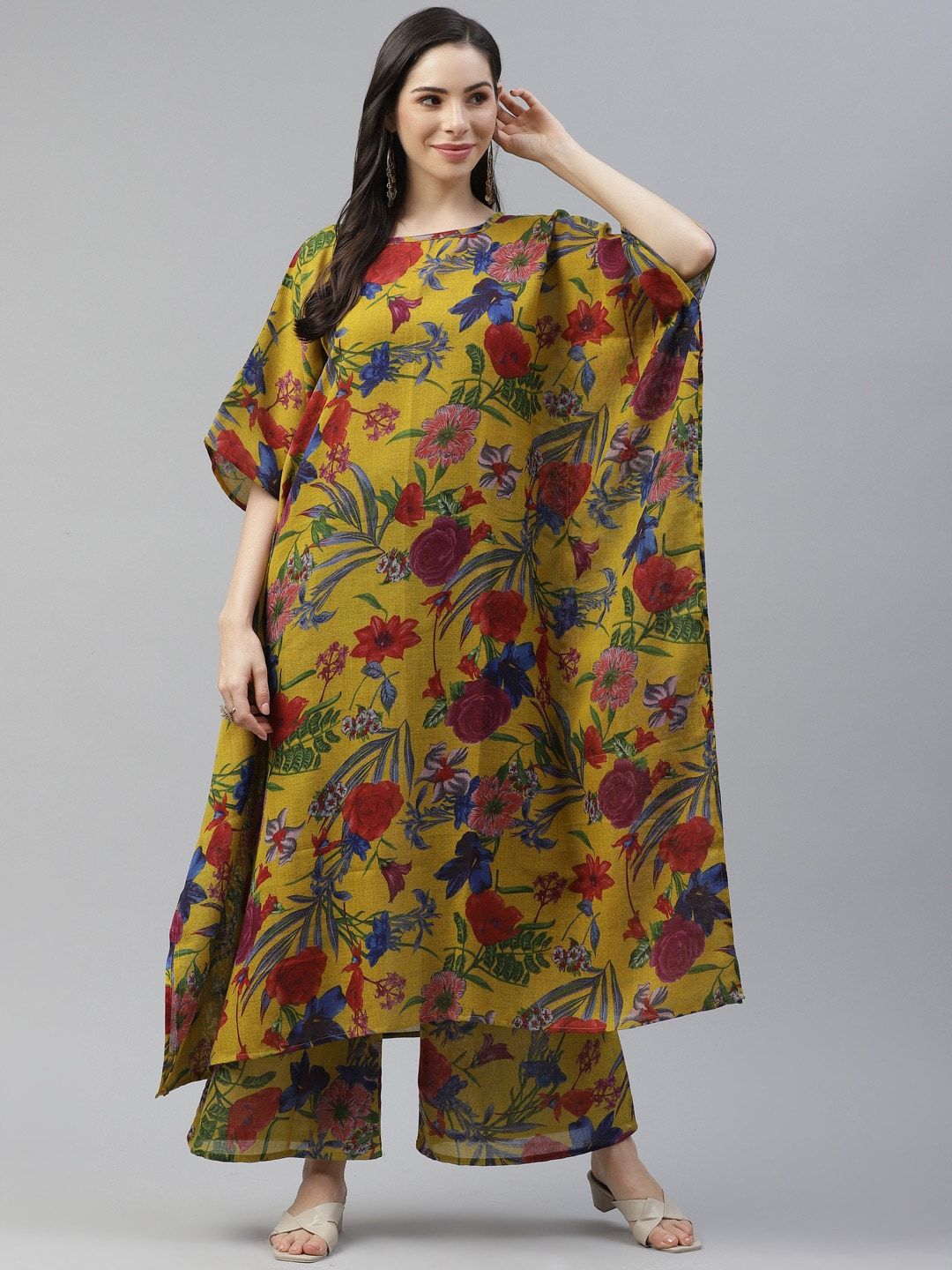 Cottinfab Women Mustard Yellow & Red Floral Printed Kurta with Palazzos