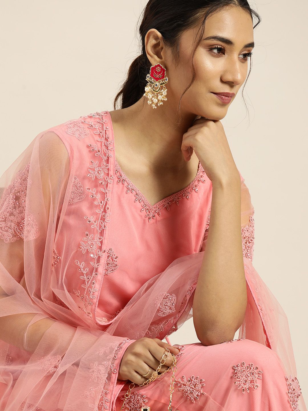 Sangria Pink Embroidered Beads and Stones Semi-Stitched Lehenga & Unstitched Blouse With Dupatta Price in India