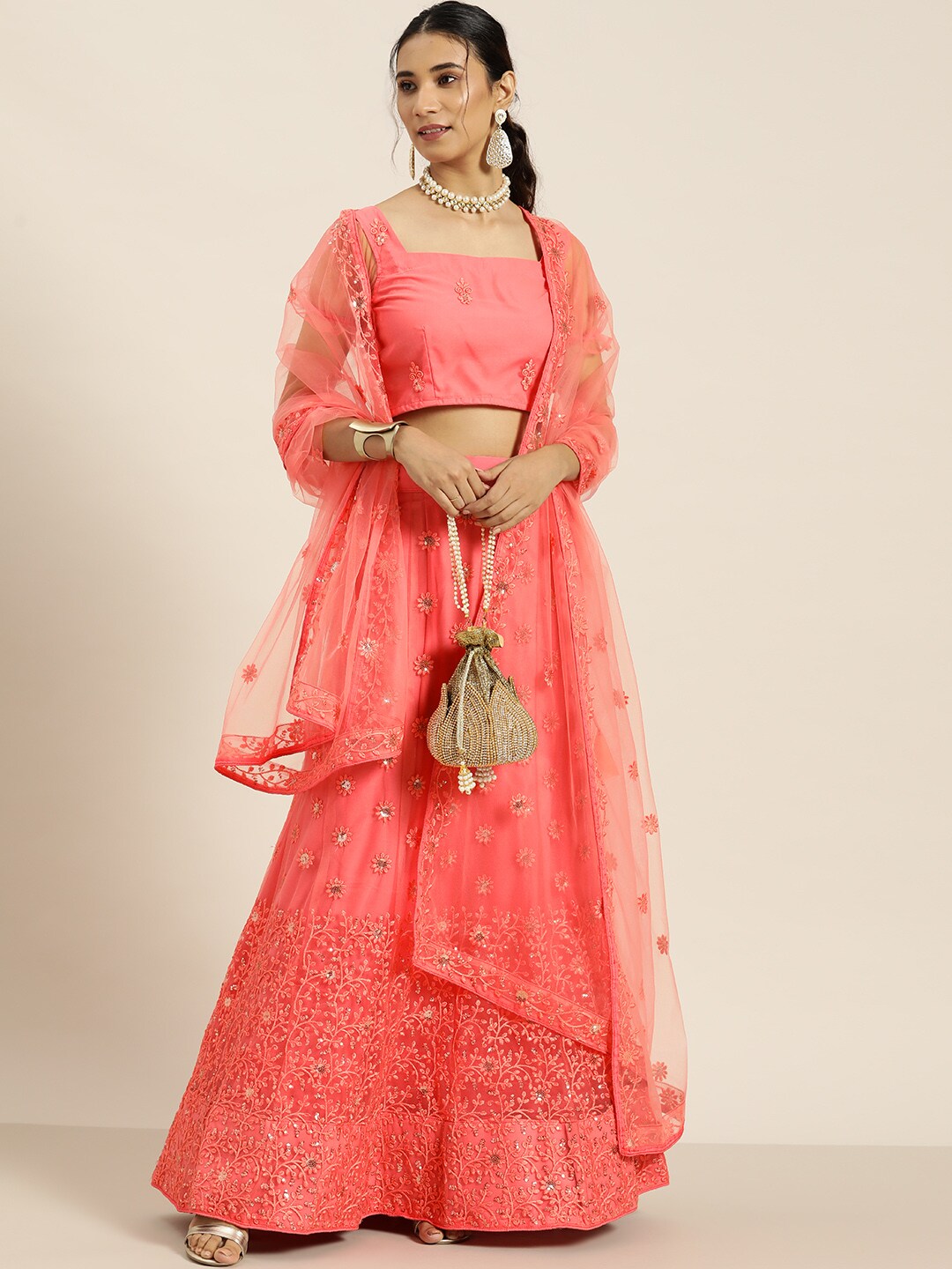 Sangria Peach-Coloured Embroidered Beads and Stones Semi-Stitched Lehenga & Unstitched Blouse With Dupatta Price in India